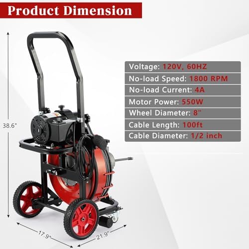 Drain Cleaner Machine, 100 ft x 1/2 in Sewer Auger for 1-4 in Pipes | 550W Motor with Auto-Feed Control, Air Foot Switch, GFCI Protection, 4 Cutters