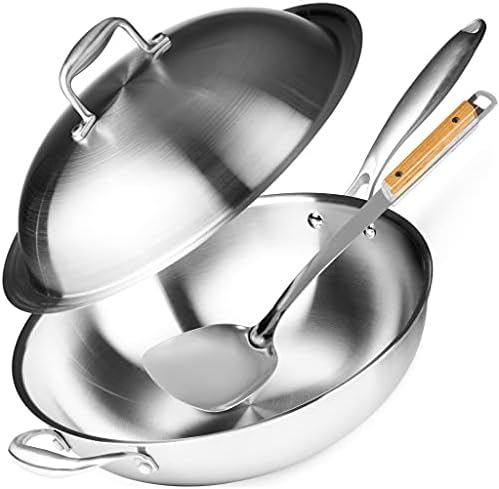 Willow & Everett Stainless Steel Flat Bottom Wok Pan, Professional Traditional Stir Fry Cookware w/Domed Lid & Spatula