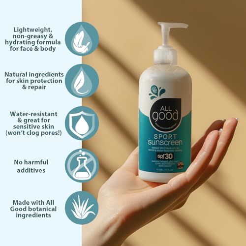 All Good Sunscreen - Sport Mineral Sunscreen Lotion, Reef Friendly, SPF 30+ for Face & Body, Water & Sweat Resistant (3 oz)