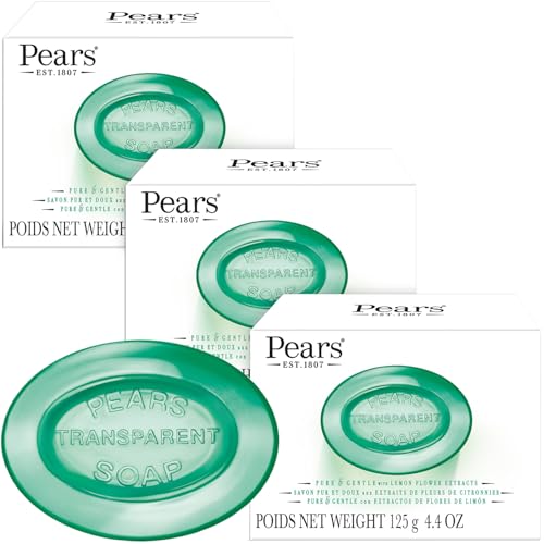 Pears Soap, Pure & Gentle with Lemon Flower Extract, 3-Pack – Transparent Green Glycerin Soap for Radiant, Glowing Skin, 4.4 Oz Ea