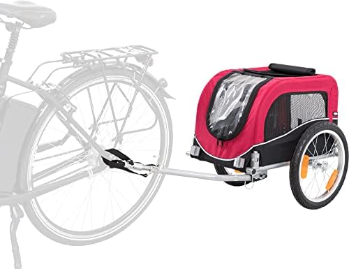 TRIXIE Medium Dog Bike Trailer - Foldable Pet Bicycle Trailer for Dogs up to 48lbs – Features Quick Fastening Wheels, 2 Doors, Safety Leash & Waterproof Carrier - 50 x 25 x 26.5in - Black/Red