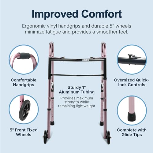 Lumex ColorSelect Walkers for Seniors, Rolling & Folding Adult Walker with Wheels, Pink