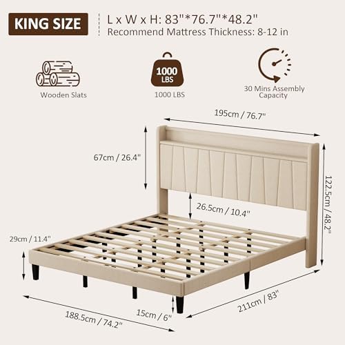 King Size Bed Frame with Headboard, Platform Bed with Upholstered Wingback Storage Headboard, Slats Support, No Box Spring Needed Beige