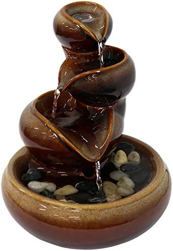 Sunnydaze 10" Tiered Vessels Ceramic Tabletop Fountain, Smooth Glaze, Brown
