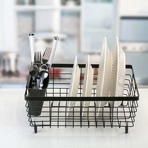 Kitchen Details Flat Wire Countertop or Over The Sink Dish Drying Rack with Cutlery Basket | Holds up 10 Dishes | Mugs | Kitchen Accessories | Black