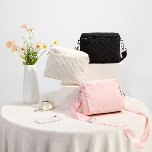 KALIDI Mini Quilted Crossbody Bag for Women Ladies Puffer Cross Body Purse | Nylon Lightweight Women's Shoulder Handbag with Wide Strap for Travel Vacation Casual Everyday Errands