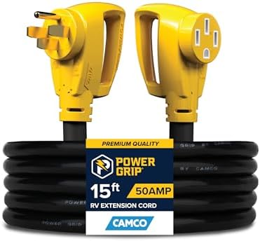 Camco Power Grip 25-Ft 50 Amp RV Extension Cord - NEMA 14-50P Male & FSS2-50R Locking Female Connectors - Rated for 125/250 V/12,500 W - Features Copper 6/3 + 8/1-Gauge Wires for Conductivity (55542)