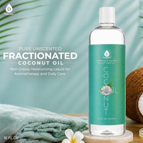 Pursonic Pure Unscented Fractionated Coconut Oil - 16 Oz Multipurpose Oil for Skin, Hair, Body Massage & Makeup Removal - Carrier Oil for Essential Oils and Aromatherapy