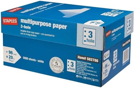 Staples Multipurpose Paper, 8 1/2 x 11, 3-Hole Punched, Ream, for Office, School & Home | Pre-punched white paper ready for standard 3-ring binders. Sold by the ream.