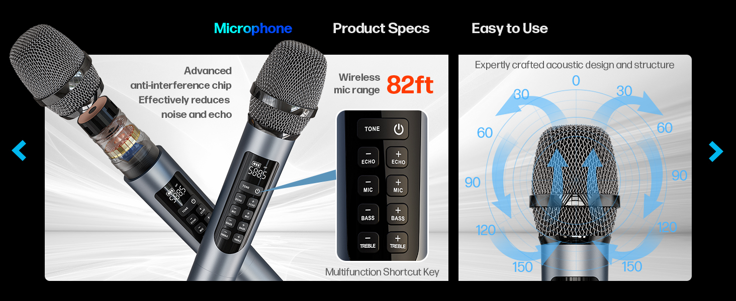Wireless microphone with 82ft range, LCD display, and 180° pickup pattern. Features self-noise reduction and easy-to-use controls. Product specs and diagram shown.