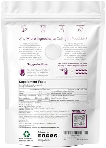 Micro Ingredients Multi Collagen Peptides Powder, 2lb (82 Servings) | Hydrolyzed Type I, II, III, V, X with Biotin, Hyaluronic Acid & Vitamin C. Unflavored Collagen for Women & Men, Easy Dissolve