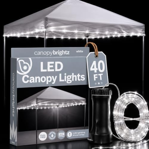 Brightz LED Canopy Lights, White 40ft String Light for 10x10 Tents | Outdoor canopy tent lights, football tailgate essentials & accessories