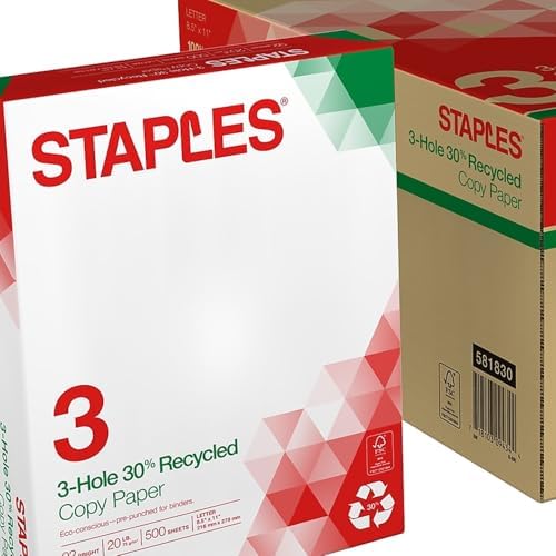 Staples 8.5" x 11" 3-Hole Punched Copy Paper, 20 lbs., 92 Brightness, 500/Ream