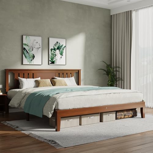 Solid Wood Bed Frame, Queen Size Platform Bed Frame with Headboard, Sturdy Wood Slat Support, Heavy Duty, No Box Spring Needed, Noise-Free, Easy Assembly