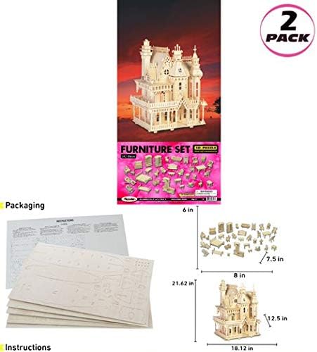Puzzled Bundle of Furniture Set & Fantasy Villa Doll House Wooden 3D Puzzles Construction Kits