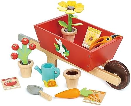Tender Leaf Toys Garden Wheelbarrow Set – Deluxe Wooden Gardening Toy with Tools & Accessories – Supports Learning
