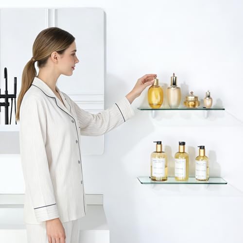 Alise Bathroom Glass Shelf, 15 Inch Floating Shelves for Wall, Matte Black
