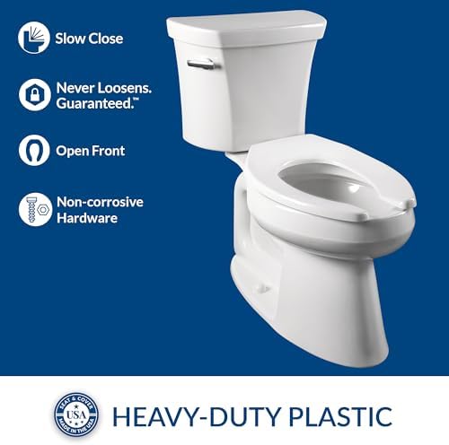 CHURCH 295CT Commercial Open Front Plastic Toilet Seat, Heavy Duty Industrial Seat without Lid, Secure Installation for Long Lasting Use, Made in USA, Elongated, Black