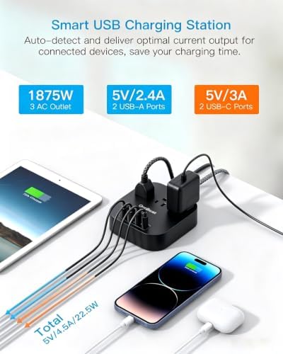 One Beat Power Strip with USB C, 3 Outlets 4 USB Ports (22.5W/4.5A), 6ft