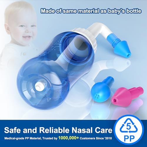 MAOEVER Neti Pot Sinus Rinse Bottle Nose Wash Cleaner Pressure Rinse Nasal Irrigation for Adult & Kid BPA Free 300 ML with 30 Nasal Wash Salt Packets and Sticker Thermometer(Blue)