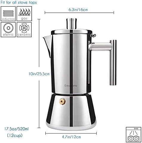 Easyworkz Diego Stovetop Espresso Maker Stainless Steel Italian Coffee Machine Maker 6Cup 10 oz Moka Pot Induction Espresso Pot