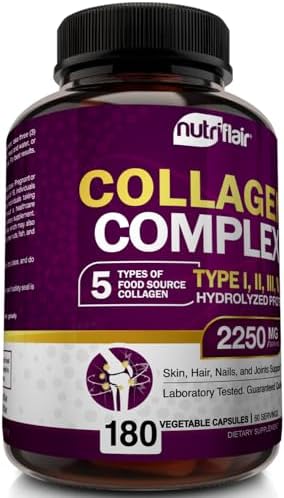 NutriFlair Multi Collagen Peptides 2250mg - Type I, II, III, V, X - Collagen Supplements Complex Powder Pills for Women and Men - Hydrolyzed Protein