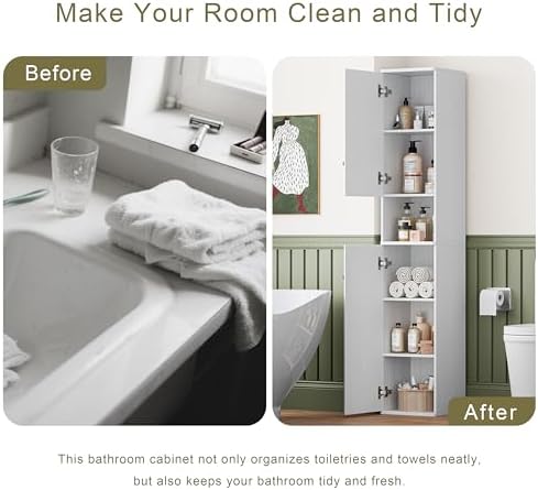 64" Narrow Bathroom Storage Cabinet with Adjustable Shelves and Drawer | 6-Tier Tall Slim Storage Cabinet, Anti-Tip Kit Included