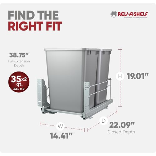 Rev-A-Shelf Double Pullout Trash Can w/Soft-Close Slides, 14.5" Min Opening | Large Capacity Garbage/ Recycling Waste Bins for Under Kitchen Cabinets, Heavy Gauge Wire Construction, 53WC-1835SCDM-217