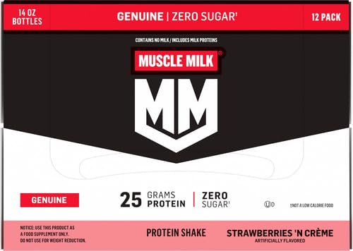 Muscle Milk Genuine Protein Shake, Chocolate, 14 Fl Oz Bottle, 12 Pack, 25g Protein, Zero Sugar, Calcium, Vitamins A, C & D, 6g Fiber, Energizing Snack, Workout Recovery, Packaging May Vary