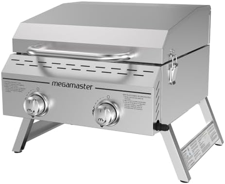 Megamaster Tabletop 2 Burner Gas Grill, Stainless Steel with Foldable Legs