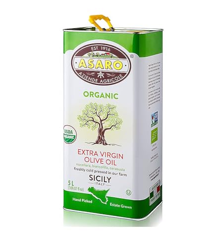 Asaro Organic Extra Virgin Olive Oil 5L Tin - Perfect for Cooking - Cold Pressed from Sicily - Vegan - Rich Fruity Flavor - 169.07 Fl Oz