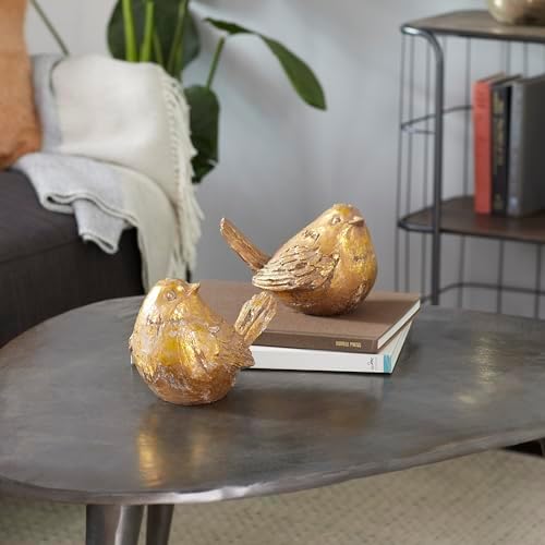 Deco 79 Polystone Bird Decorative Sculpture Home Decor Statues, Set of 2 Accent Figurines 8"W, 6"H, Gold