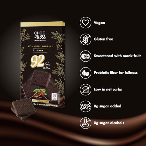ChocZero 70% Cocoa Sugar Free Dark Chocolate Squares, Vegan, 4 Pack | No Sugar Alcohols, Keto, Low Carb, High Fiber, Gluten Free, 32 Total Candy Squares