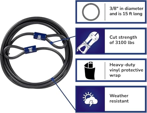 BRINKS - 15 ft x 3/8" Flexible Steel Loop Cable - Heavy Duty Vinyl Wrap for Corrosion Protection