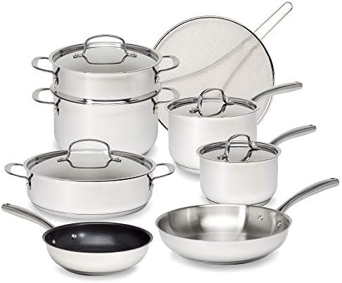 Goodful 12-Piece Classic Stainless Steel Cookware Set with Tri-Ply Base for Even Heating, Durable, Impact Bonded Pots and Pans