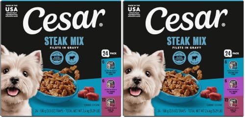 Cesar Filets in Gravy Wet Dog Food, Steak Mix Variety, 3.5 oz, 24 Count | Filet Mignon, New York Strip & Prime Rib, real meat, slow-cooked, no fillers/added sugar/artificial flavors, easy peel trays