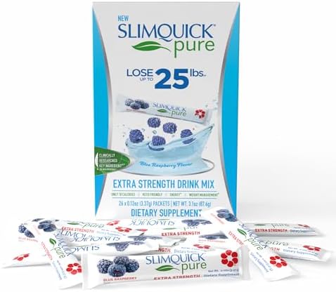 Slimquick Pure 3x Extra Strength Mixed Berry Drink Mix for Women to Help Achieve Weight Goals, Helps Metabolism, Keeps Full for Longer with Green Tea, Caffeine, Chaste Tree, Rhodiola Extract, 26 Count
