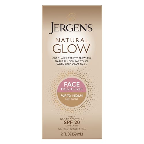 Jergens Natural Glow Face Self Tanner Lotion SPF 20, Fair To Medium, 2 oz | Sunless Tanning, Daily Facial Sunscreen, Oil Free Formula