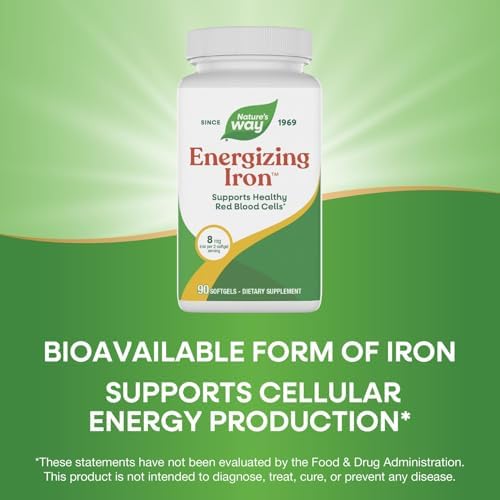 Nature's Way Energizing Iron, Supports Healthy Red Blood Cells*, 8 mg Iron & 200 mcg Vitamin B12 per 2-Softgel Serving, No Gluten