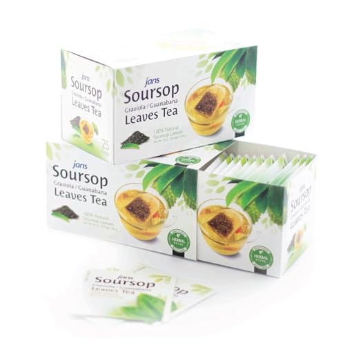 Jans Soursop Tea Bags 25 Count | 100% Natural Soursop Leaves | Caffeine Free Sour Sop Tea | Vegan Herbal Tea | Individually Wrapped Tea Bags | Cholesterol Free Sugar Free Relaxation Beverage