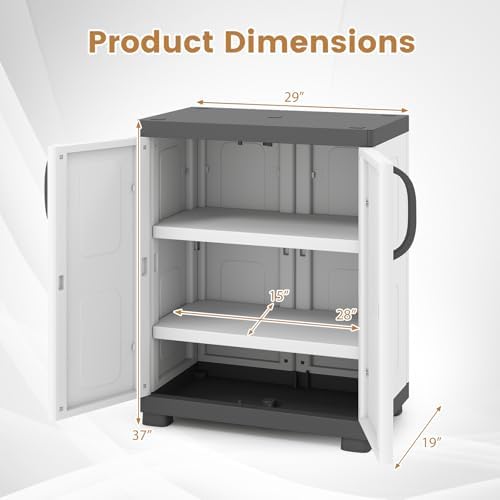 GIANTEX Storage Cabinet with 2 Doors and Adjustable Shelves, Modern Plastic Base Garage Organizer, Floor Sideboard for Kitchen, Dining Room, Bathroom (Wide-29"x19"x37",White+Brown)