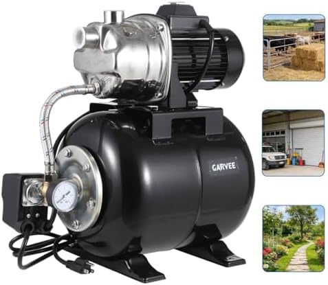1HP Stainless Steel Water Transfer Pump with Well Pressure Tank – Shallow Well Pump & Irrigation Pump Combo, 130ft Max Lift, 20ft Suction Lift, Automatic Pressure Switch for Farm Use