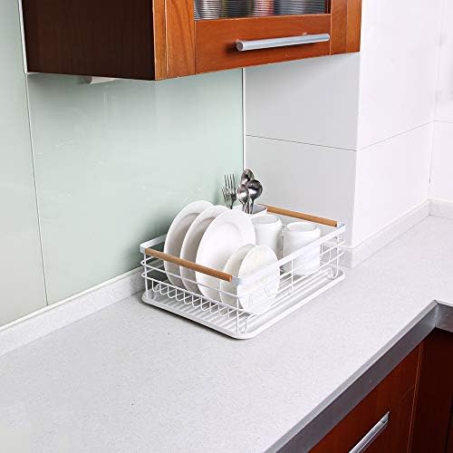 Dish Drying Rack with Wood Handle, Drain Board, White