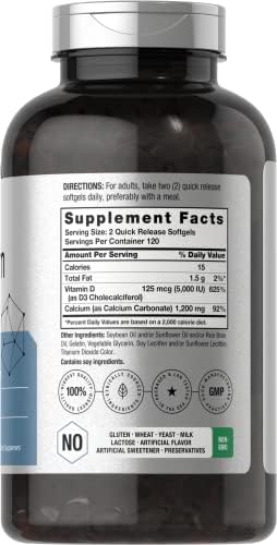 Horbäach Calcium 1200 mg with Vitamin D3 | 240 Softgels | 5000IU Vitamin D3