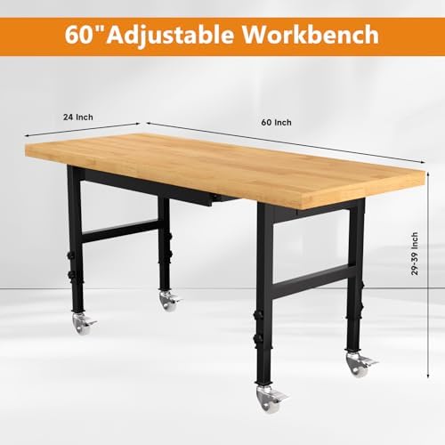 48" Heavy Duty Work Bench with Drawers, Adjustable Height Workbench with Wheels, 2000 LBS Capacity Work Table with Power Outlets for Garage, Workshop, Office, Home