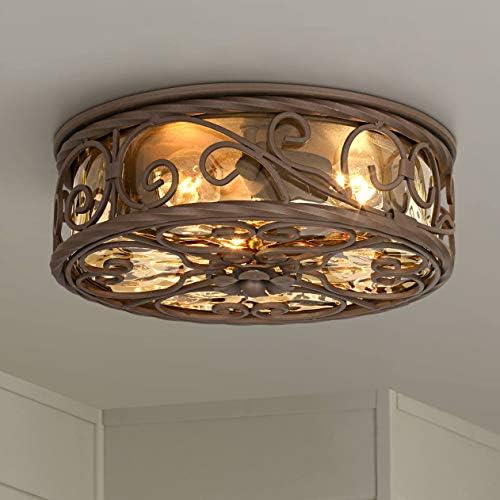Casa Seville 12" Walnut Rustic Indoor-Outdoor Ceiling Light Fixture | Flush-Mount Dark Scroll Water Glass Damp Rated for Exterior House Porch Patio Outside Deck Garage Front Door Home