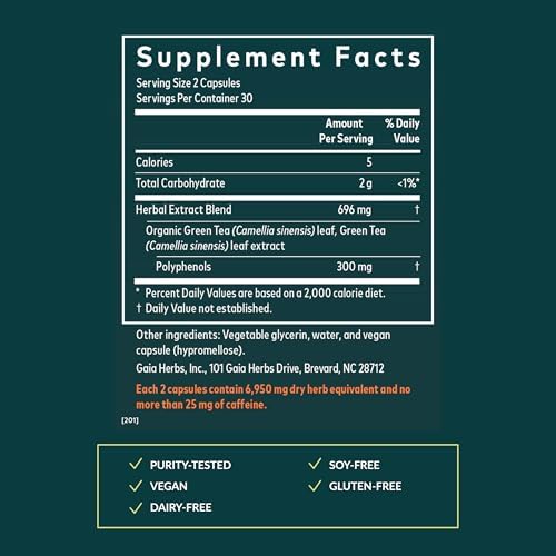 Gaia Herbs Green Tea - Helps Maintain Healthy Energy Levels* - with Green Tea Leaf & Extract - 60 Vegan Liquid Phyto-Caps (30 Servings)