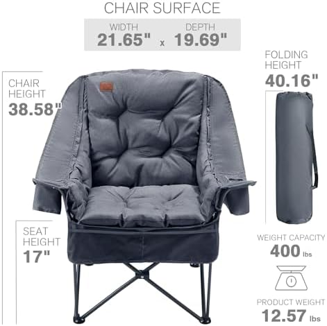 EVER ADVANCED XL Camping Chair with Detachable Cushion Supports 400LBS Grey