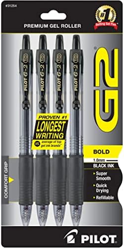 PILOT G2 Premium Rolling Ball Gel Pens, 1.0 mm, Black Ink, 4-Pack