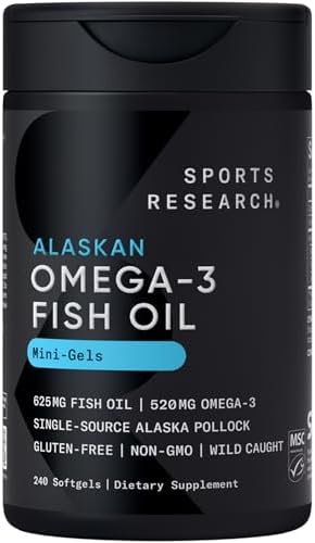 Sports Research® Omega-3 Fish Oil 1250mg from Wild Alaska Pollock,180 Count | Always Fresh Never Fishy | 690mg EPA 260mg DHA per Softgel · Heart & Brain Health* · MSC Certified Sustainable - 180 Servings